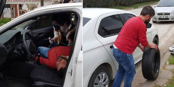 Polisleri görünce lastik değiştirmeye kalktı!