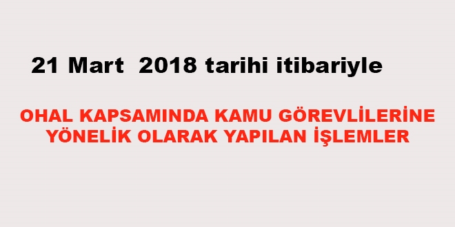 21 Mart 2018 tarihi itibariyle haklarında işlem yapılan kamu personeli