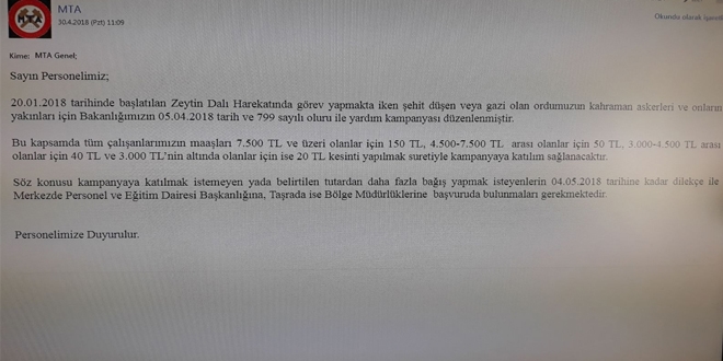 Enerji Bakanlığında, memurlara, Afrin operasyonu bağışı