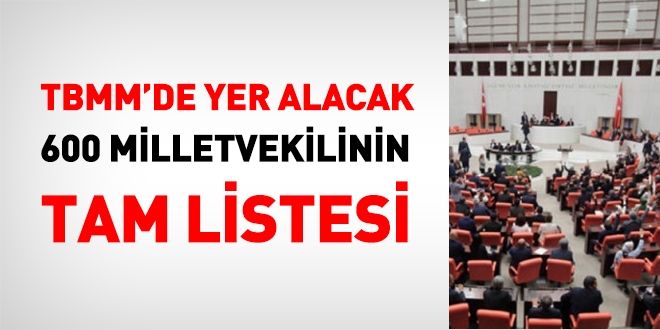 TBMM'de yer alacak 600 milletvekili'nin il il tam listesi