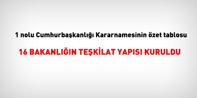 1 Nolu kararnameyle, 16 Bakanlığın teşkilat yapısı yeniden belirlendi