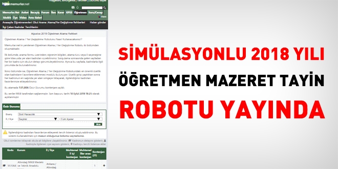 Öğretmenler için 2018 yılı mazeret tayin robotu yayında