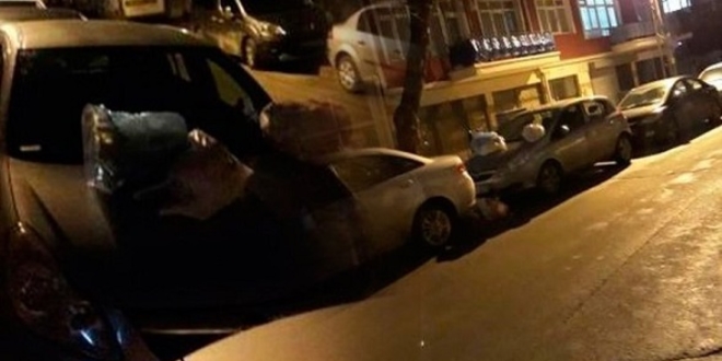 Çöp konteynerının önüne park eden araca çöp attılar