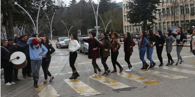 Araçları durdurup yaya geçidinde halay çektiler