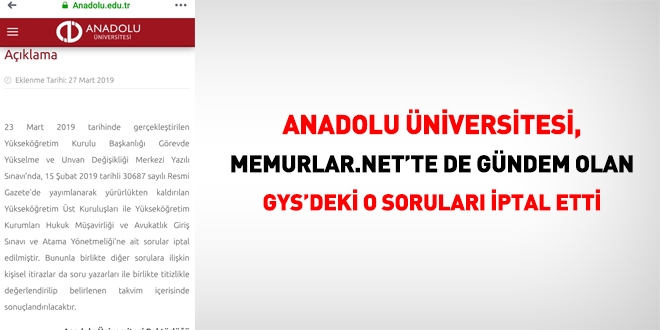 Anadolu niversitesi, GYS'deki o sorular iptal etti