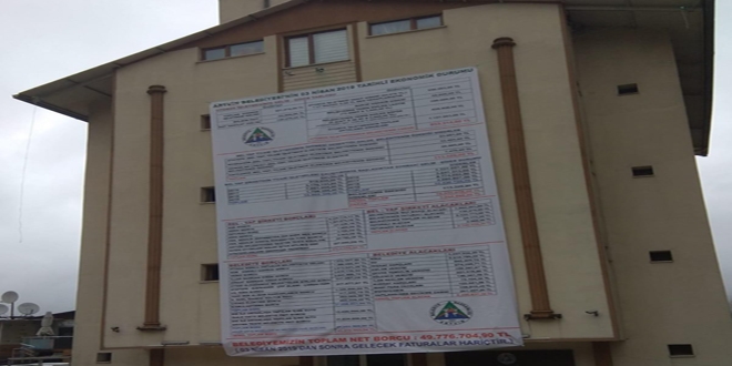 Yeni başkan Artvin Belediyesi'nin borç listesini belediye binasına astı