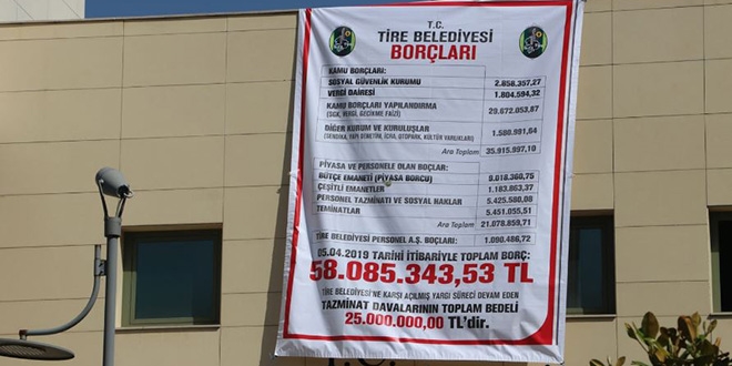 Tire Belediyesi borçlarını pankartla duyurdu