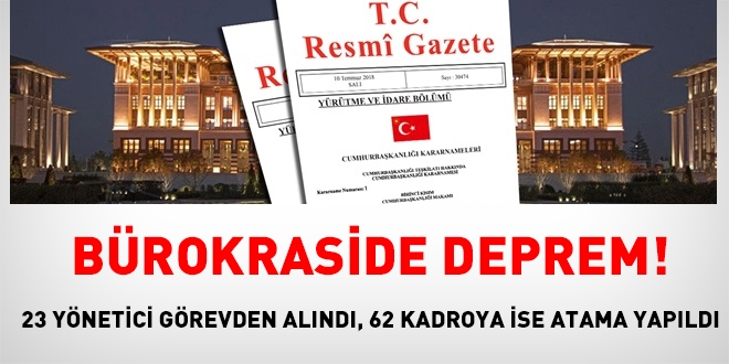 Bürokraside deprem: 23 yönetici görevden alındı, 62 kadroya ise atama yapıldı
