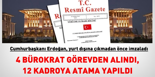 Cumhurbakan Erdoan, yurt dna gitmeden nce onaylad. 4 brokrat grevden alnd, 12 kadroya atama yapld