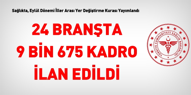 Sağlıkta, Eylül dönemi iller arası yer değiştirme kurası yayımlandı. 24 branşta 9.675 kadro ilan edildi