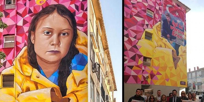 Greta Thunberg'in Kadıköy'de bulunan grafitisi şehit Eren Bülbül'ün resmi ile kapatıldı