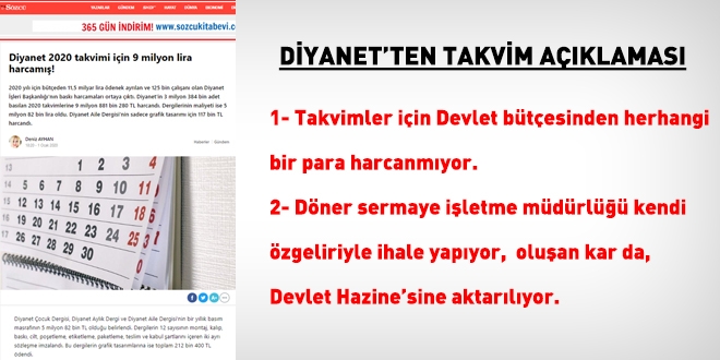Diyanet: Takvim için Devlet bütçesinden harcama yapmıyoruz