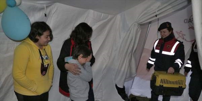 Depremde kedisini kaybeden 8 yaşındaki Muhammed'e jandarmadan sürpriz