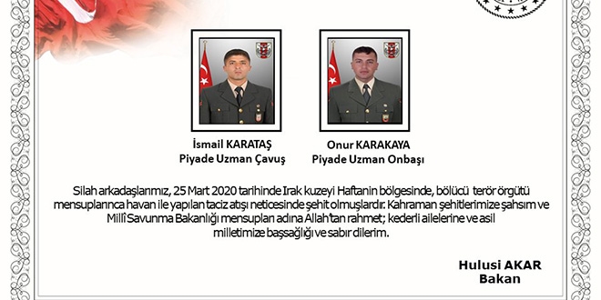 Bakan Akar'dan şehit askerler için başsağlığı mesajı