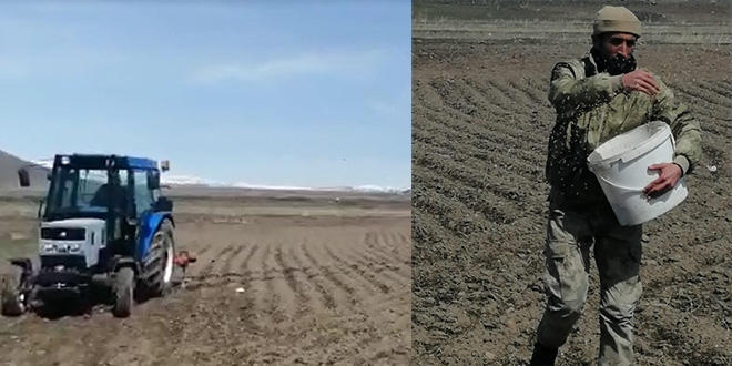 Güvenlik korucuları yaşlı adamın tarlasını sürüp ekim yaptı