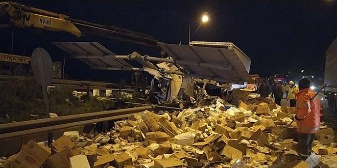 Kolonya ve dezenfektan yüklü TIR kaza yaptı
