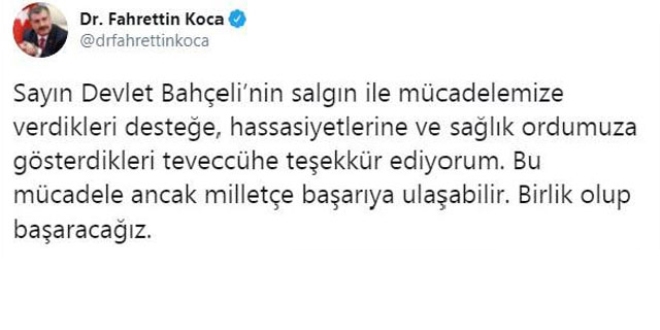 Bakan Koca'dan, MHP lideri Bahçeli'ye teşekkür