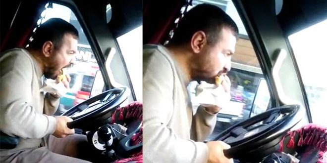 Direksiyon başında hem yemek yedi hem de yolcu taşıdı