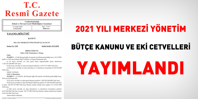 2021 yılı Merkezi Yönetim Bütçe Kanunu ve eki cetvelleri yayımlandı