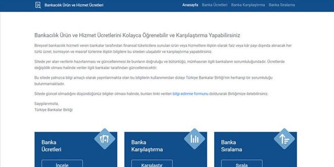 Bankacılık ürün ve hizmet ücretleri internet sitesi güncellendi