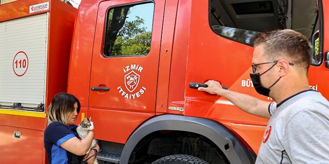 Yangında kurtarılan kediyi İzmir itfaiyesi sahiplendi