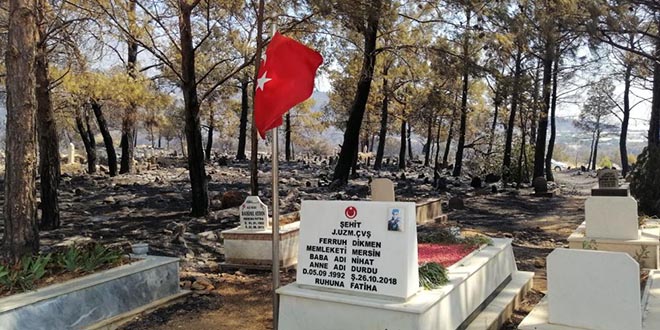 Mezarlk yand, ehidin mezar ve bayrak sapasalam ayakta kald