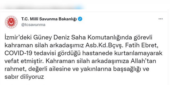Koronavirüs tedavisi gören astsubay hayatını kaybetti