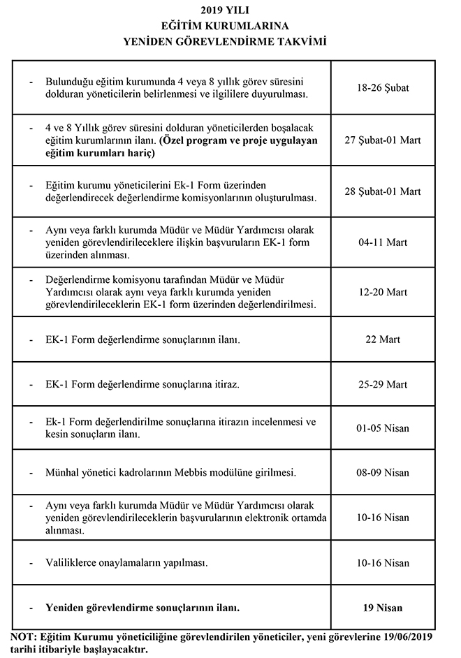 Ek1 yönetici atama takvimi