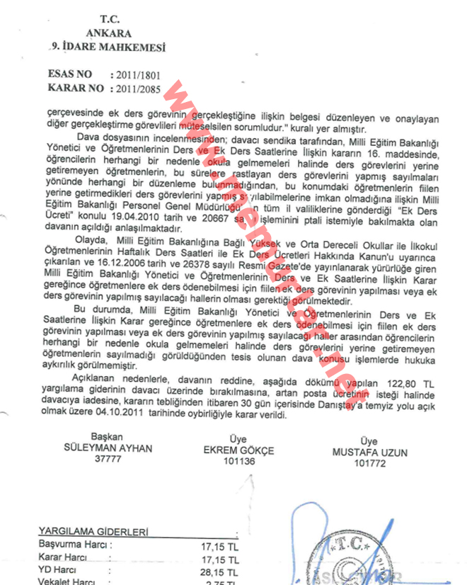 Öğrenci derse gelmezse öğretmenin ek dersinin kesilemeyeceğine dair karar