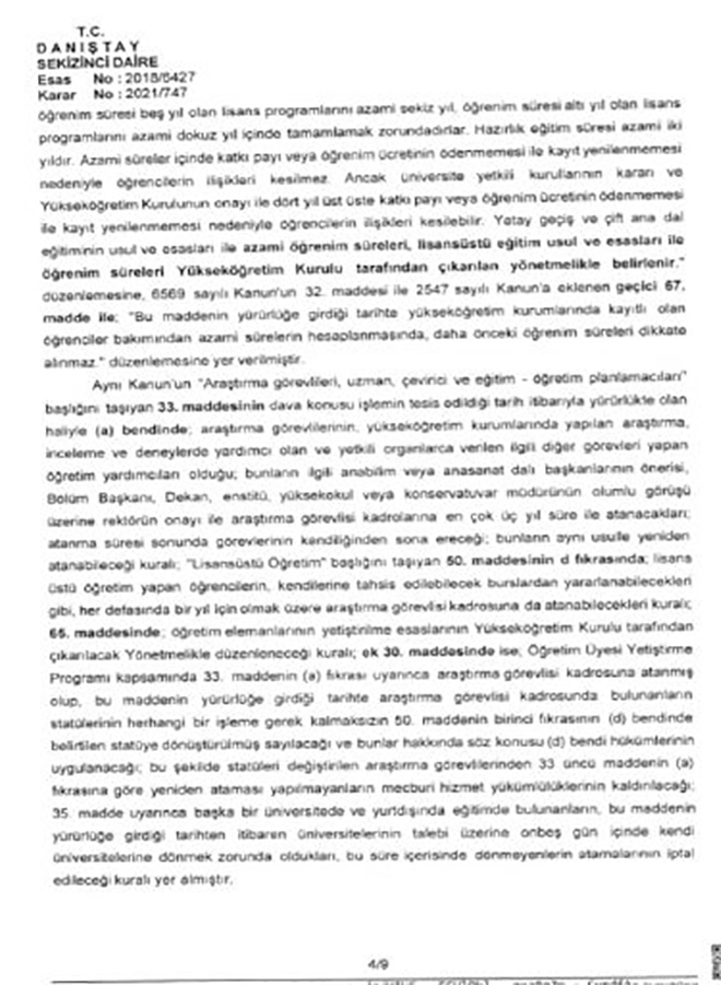 Danıştay, araştırma görevlisi kadrolarına başvuruyu engelleyen yök kararını kısmen iptal etti!