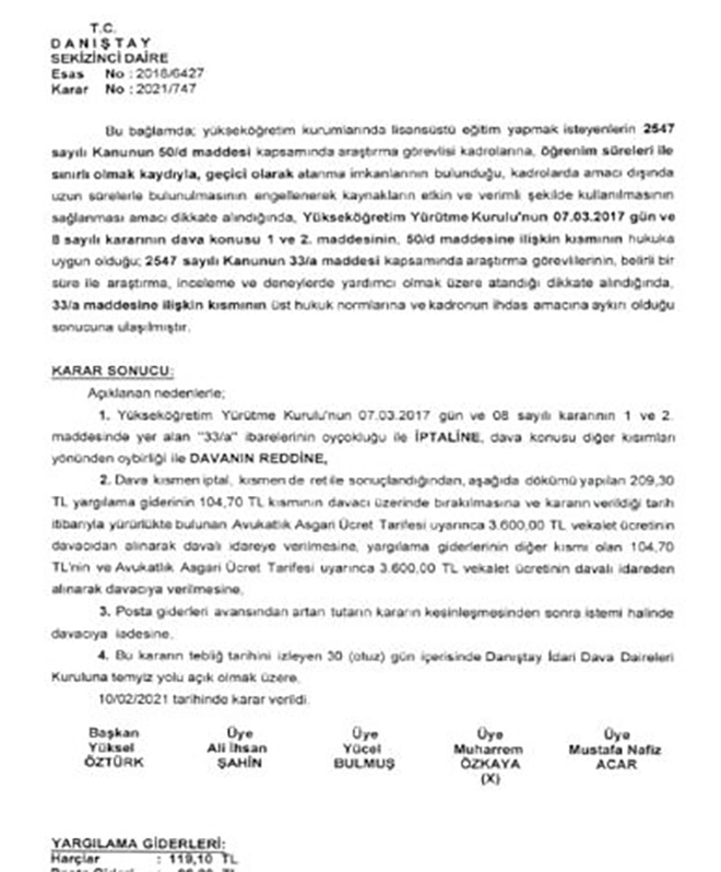 Danıştay, araştırma görevlisi kadrolarına başvuruyu engelleyen yök kararını kısmen iptal etti!