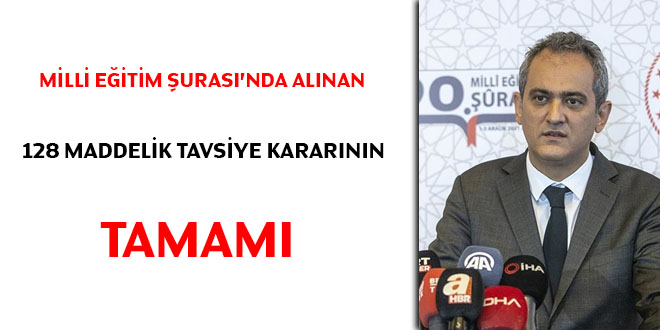 Milli Eğitim Şurası'ndaki 128 maddelik tavsiye kararlarının tamamı