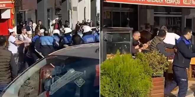 Zabıta ve esnafın tekmeli yumruklu saksı kavgası kamerada