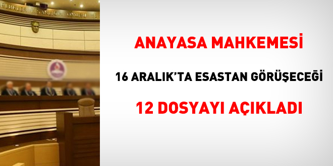 Anayasa Mahkemesi 16 Aralk'ta esastan grecei 12 dosyay aklad