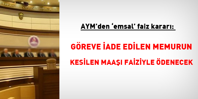 AYM'den 'emsal' faiz kararı: Göreve iade edilen memurun kesilen maaşı faiziyle ödenecek