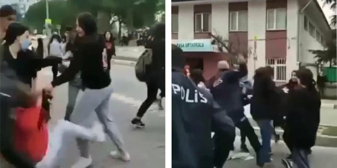 Liseli kızların meydan savaşını polis copla ayırdı