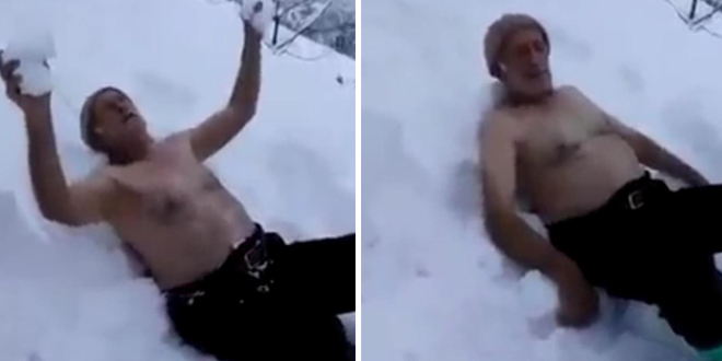 Rizeli Malik dede karın tadını kar banyosu yaparak çıkardı