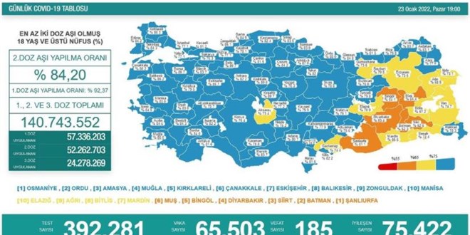 Son 24 saatte 185 can kaybı, 65 bin 503 yeni vaka
