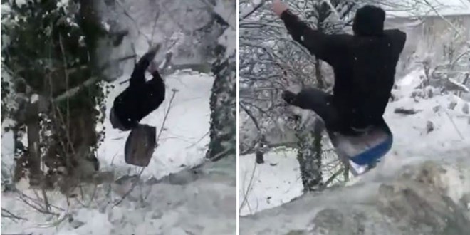 Kızakla kayarken ağaca çarptı! O anlar kamerada