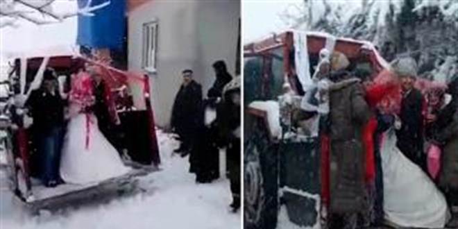Yollar kapanınca gelin traktörle alındı