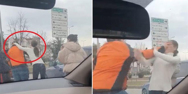 Motokurye ile kadın sürücü tekme tokat birbirine girdi