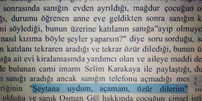 Cinsel istismar davasında 'şeytana uydum' mesajı delil oldu