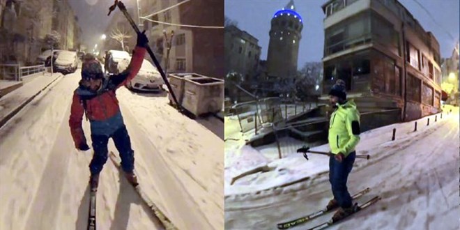 Beden öğretmeni her kar yağışında caddeleri kayak pistine çeviriyor