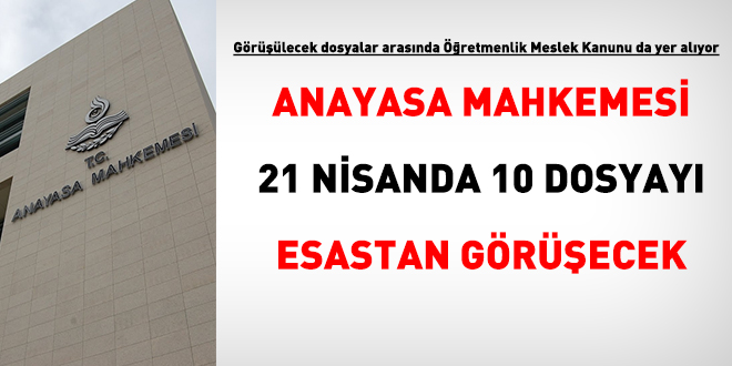 Anayasa Mahkemesi 21 Nisanda 10 dosyay esastan grecek