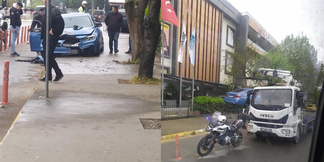 Lüks otomobil önce kaldırıma çıktı, sonra ağaca çarptı
