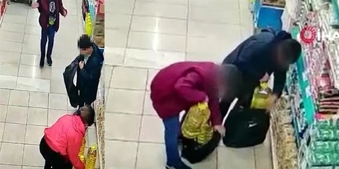 Üç çocuk boş çantalarla gelip marketten yağ çaldı