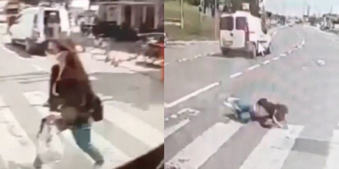 Yolun karşısına geçmeye çalışırken araç çarptı, yerden kalkıp yoluna devam etti