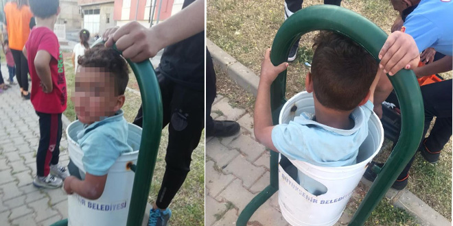 Saklambaç oynarken çöp kovasına giren çocuk sıkıştı