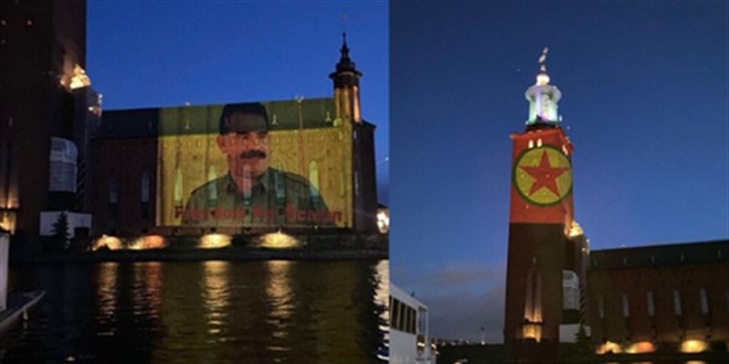PKK'nın İsveç'te binalara elebaşının ve örgüt paçavrasının resmini yansıttı