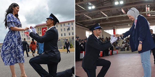 Polis adayları mezuniyet töreninde sürpriz evlilik teklifleri